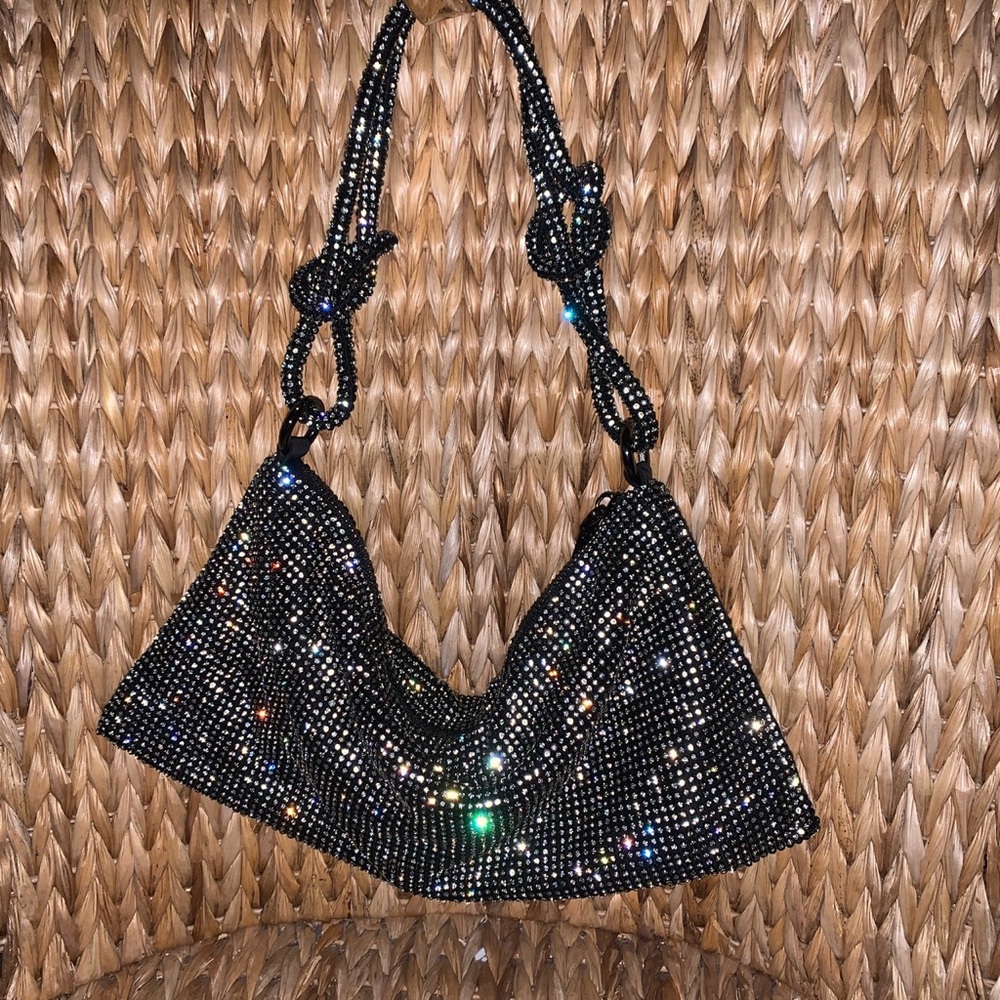 New Black Rhinestone Draped Evening Handbag
